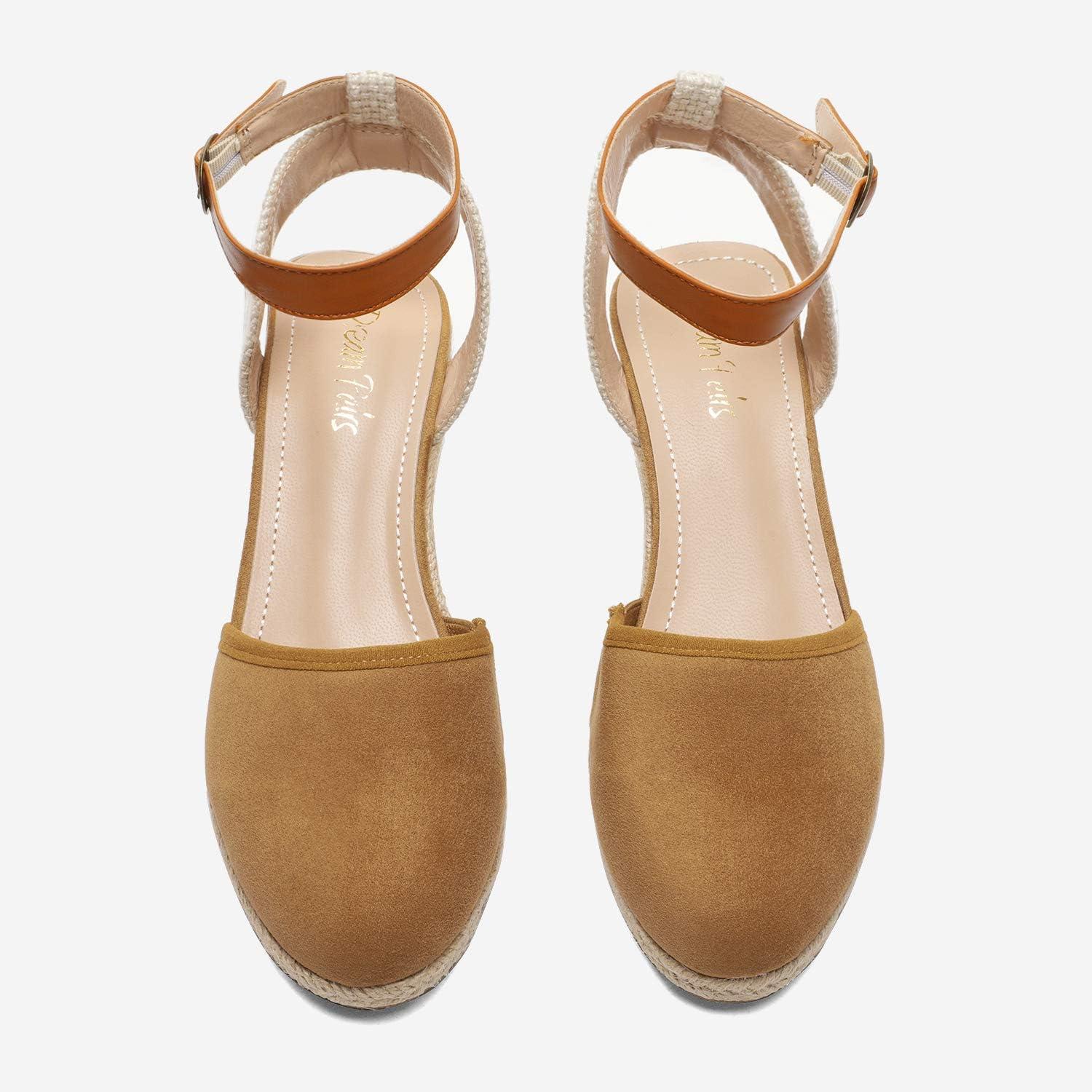 imageDREAM PAIRS Womens Ankle Strap Closed Toe Espadrille Wedge Heels SandalsCamel