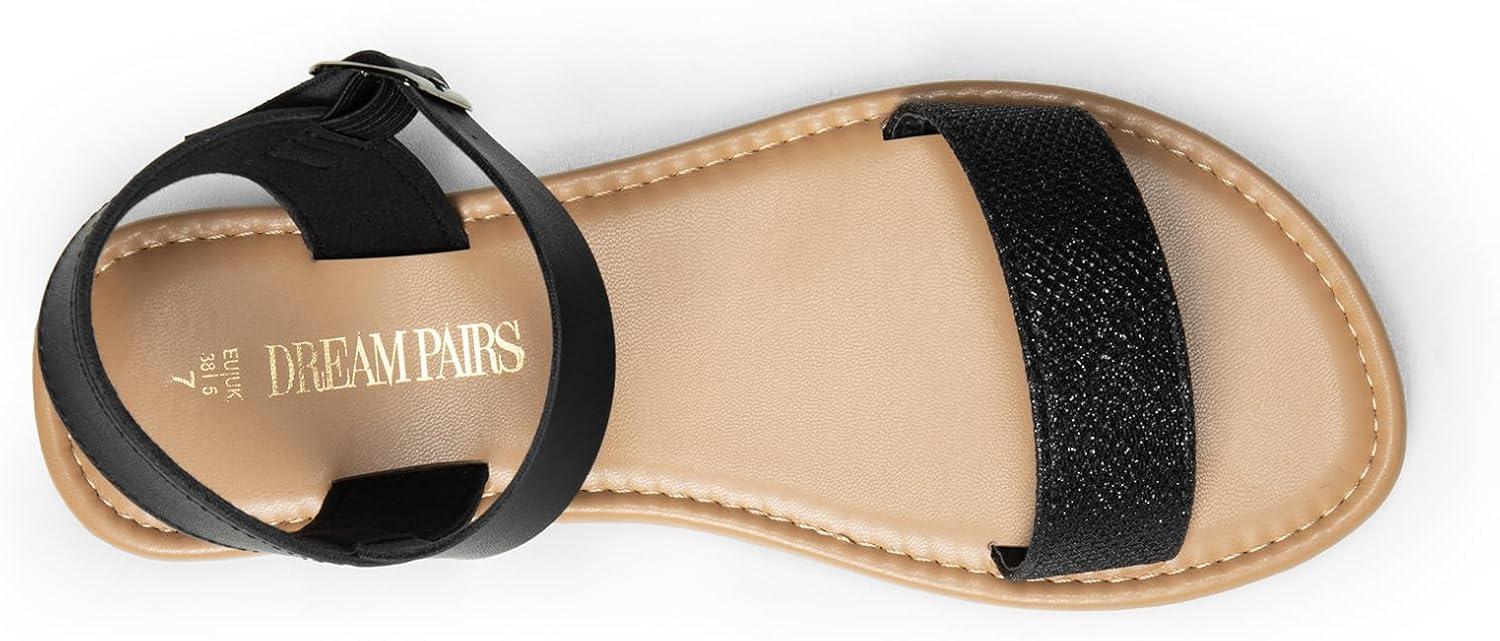 imageDREAM PAIRS Womens Ankle Strap Flat Sandals Open Toes One Band Buckle Summer Dressy SandalsBlackGlitter