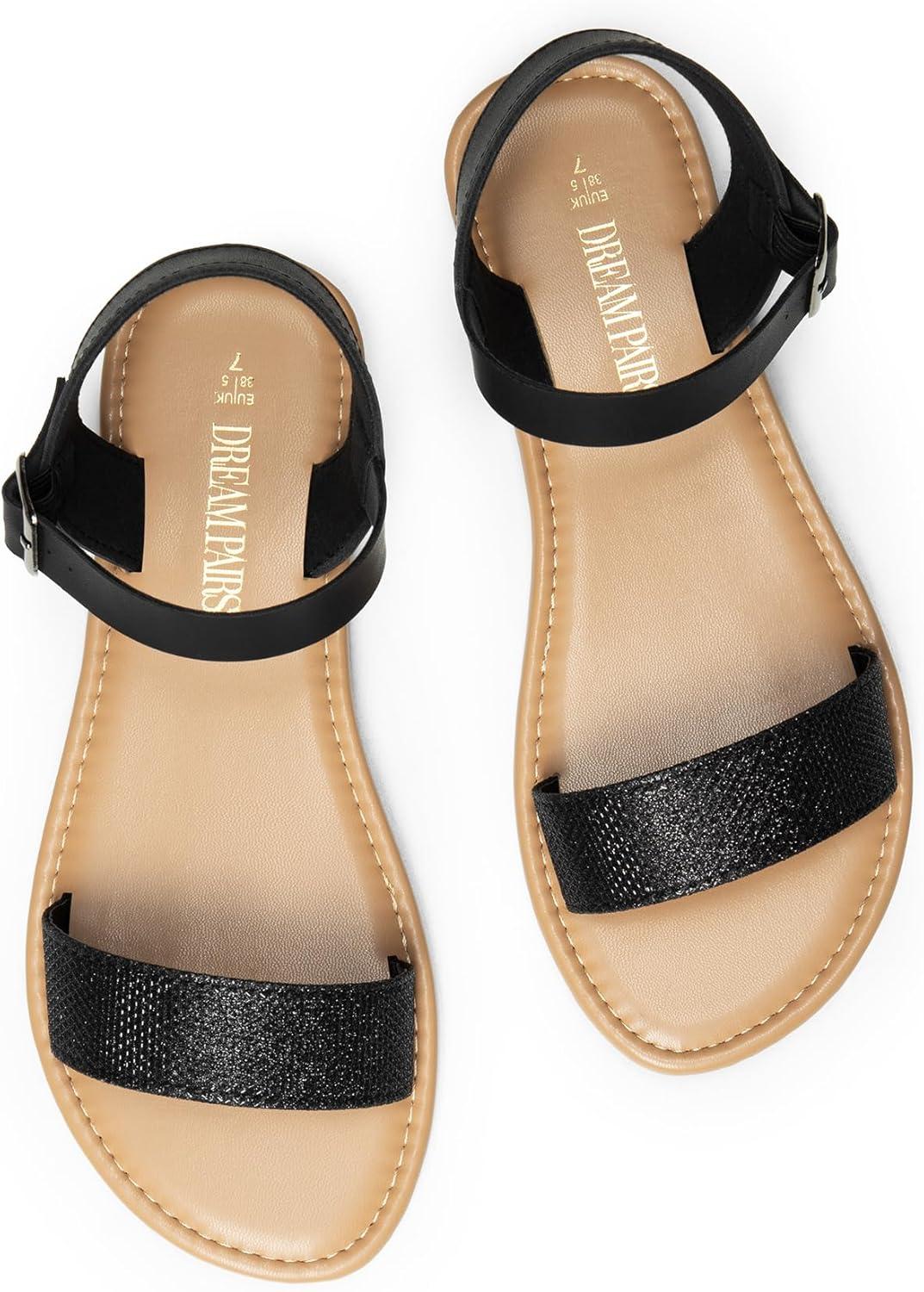 imageDREAM PAIRS Womens Ankle Strap Flat Sandals Open Toes One Band Buckle Summer Dressy SandalsBlackGlitter