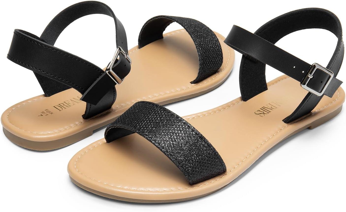 imageDREAM PAIRS Womens Ankle Strap Flat Sandals Open Toes One Band Buckle Summer Dressy SandalsBlackGlitter