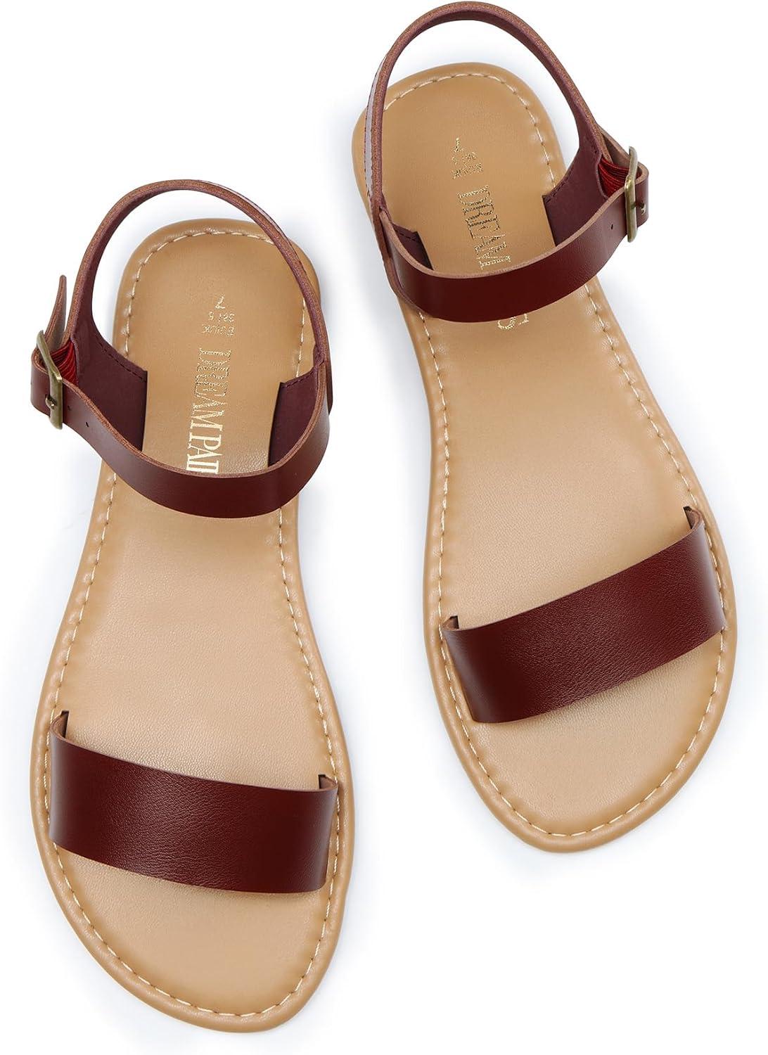 imageDREAM PAIRS Womens Ankle Strap Flat Sandals Open Toes One Band Buckle Summer Dressy SandalsBrownpu