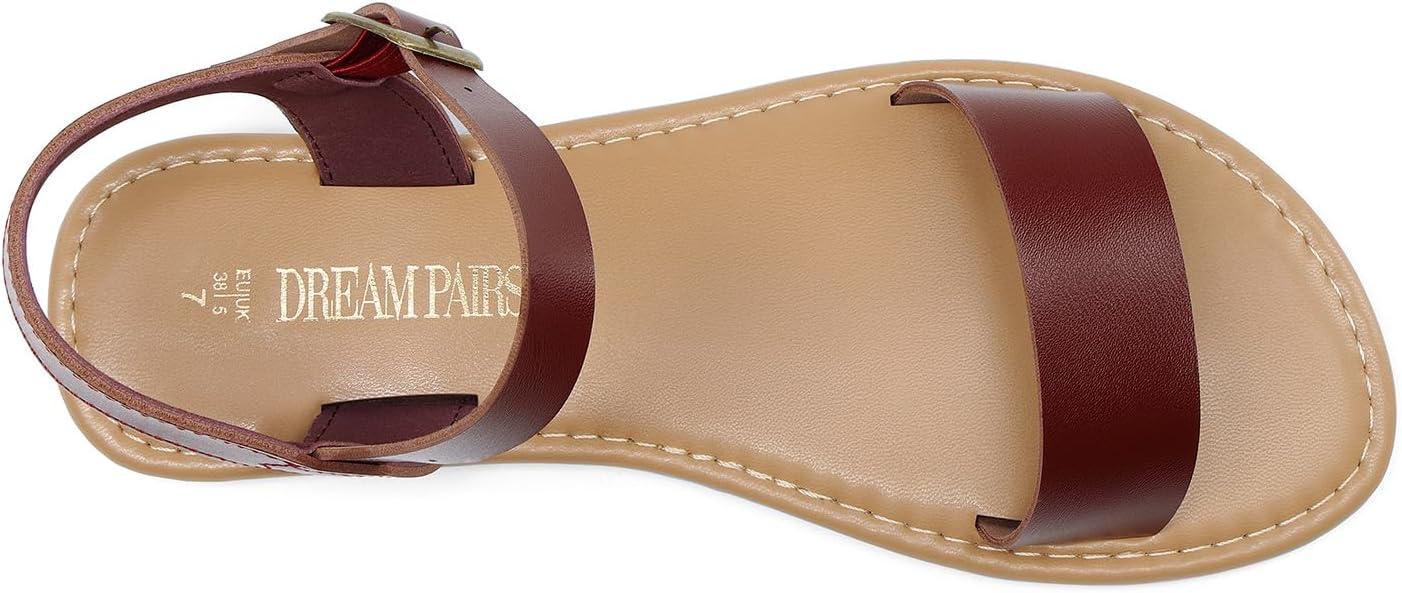 imageDREAM PAIRS Womens Ankle Strap Flat Sandals Open Toes One Band Buckle Summer Dressy SandalsBrownpu