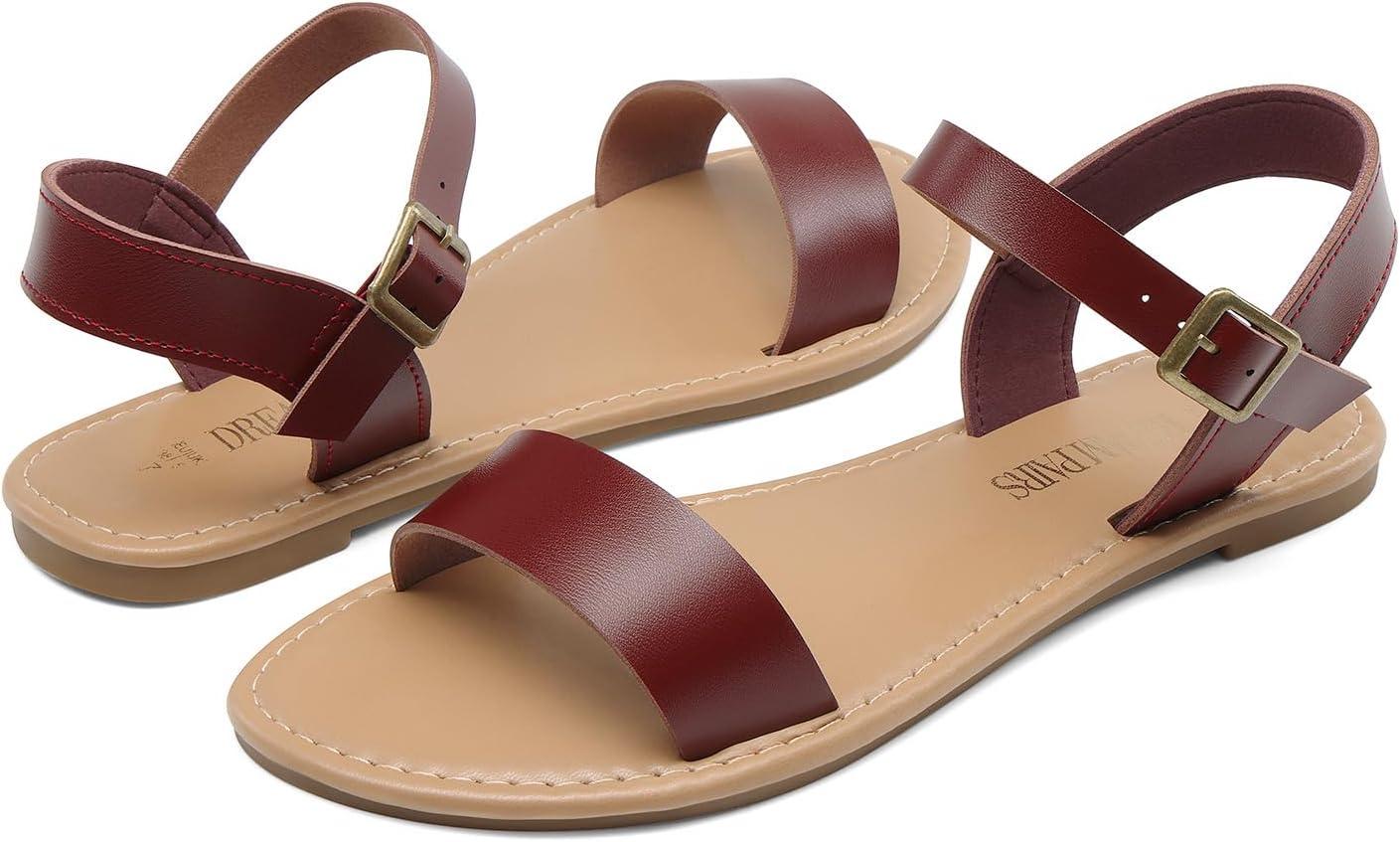 imageDREAM PAIRS Womens Ankle Strap Flat Sandals Open Toes One Band Buckle Summer Dressy SandalsBrownpu