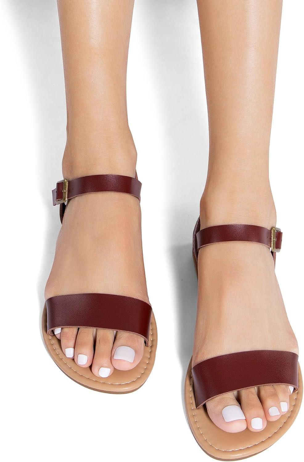 imageDREAM PAIRS Womens Ankle Strap Flat Sandals Open Toes One Band Buckle Summer Dressy SandalsBrownpu