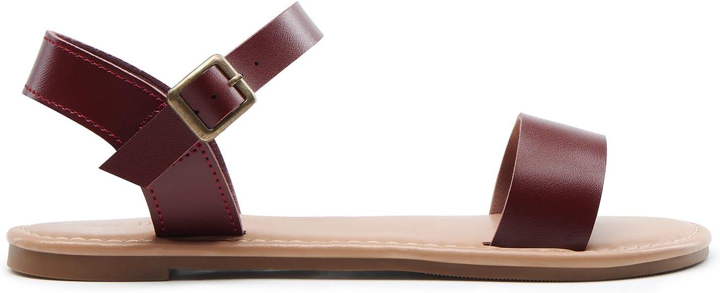 imageDREAM PAIRS Womens Ankle Strap Flat Sandals Open Toes One Band Buckle Summer Dressy SandalsBrownpu