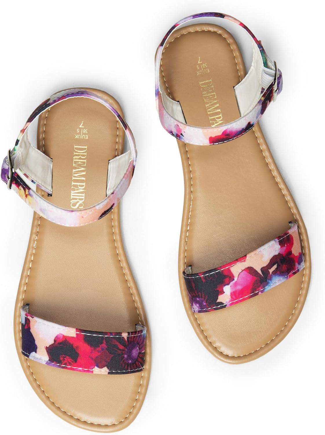 imageDREAM PAIRS Womens Ankle Strap Flat Sandals Open Toes One Band Buckle Summer Dressy SandalsFloral