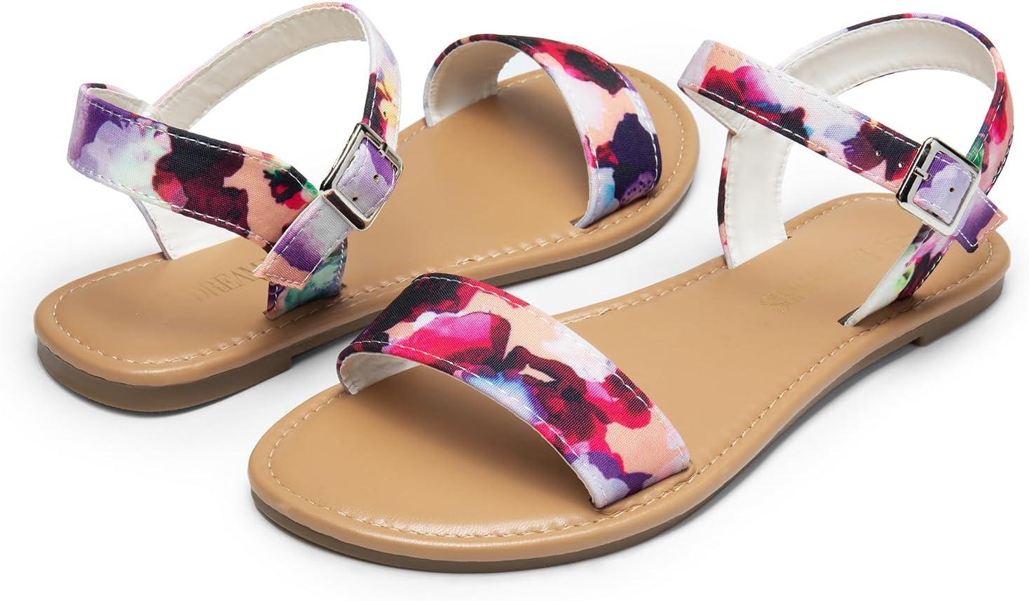 imageDREAM PAIRS Womens Ankle Strap Flat Sandals Open Toes One Band Buckle Summer Dressy SandalsFloral