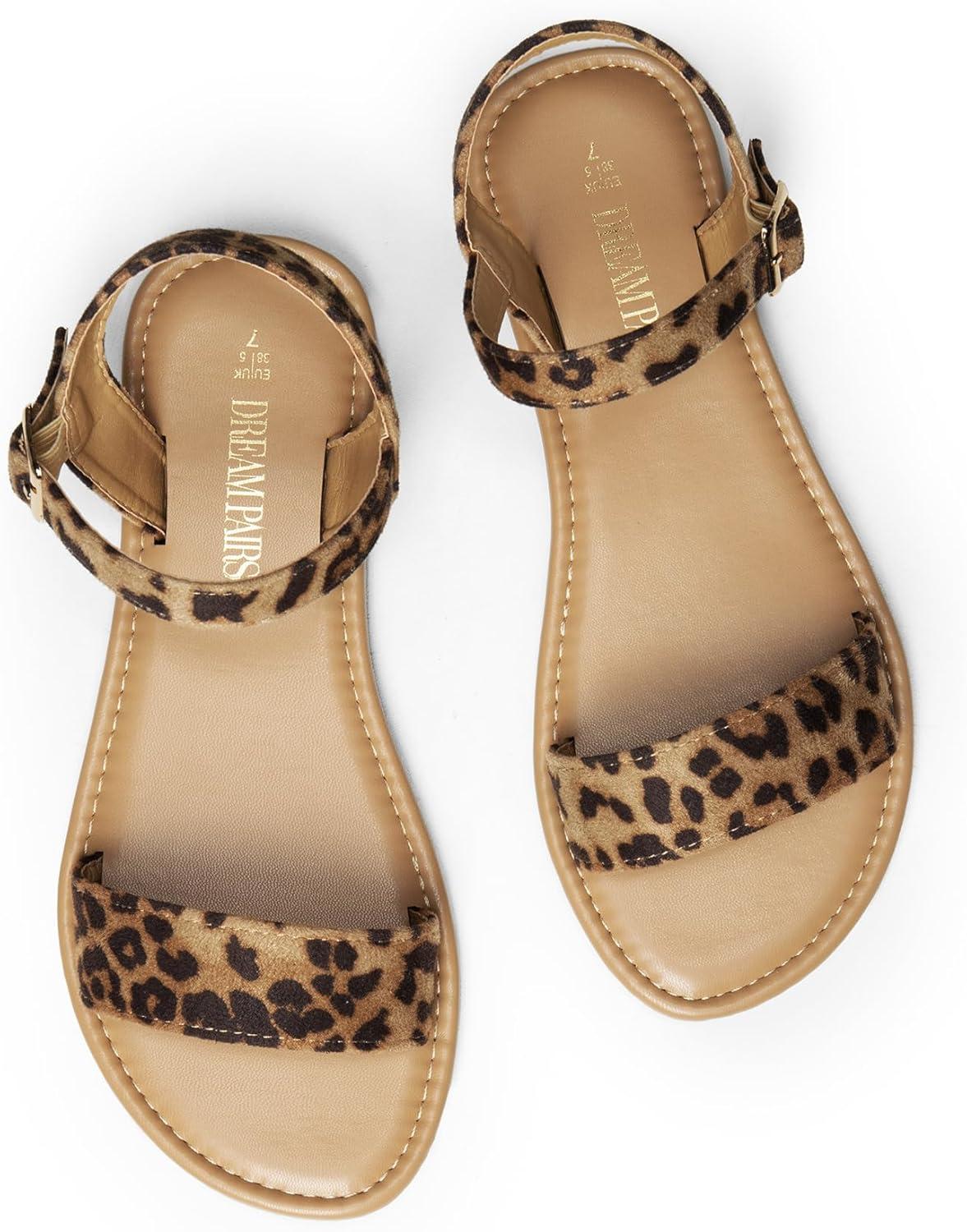 imageDREAM PAIRS Womens Ankle Strap Flat Sandals Open Toes One Band Buckle Summer Dressy SandalsLeopard
