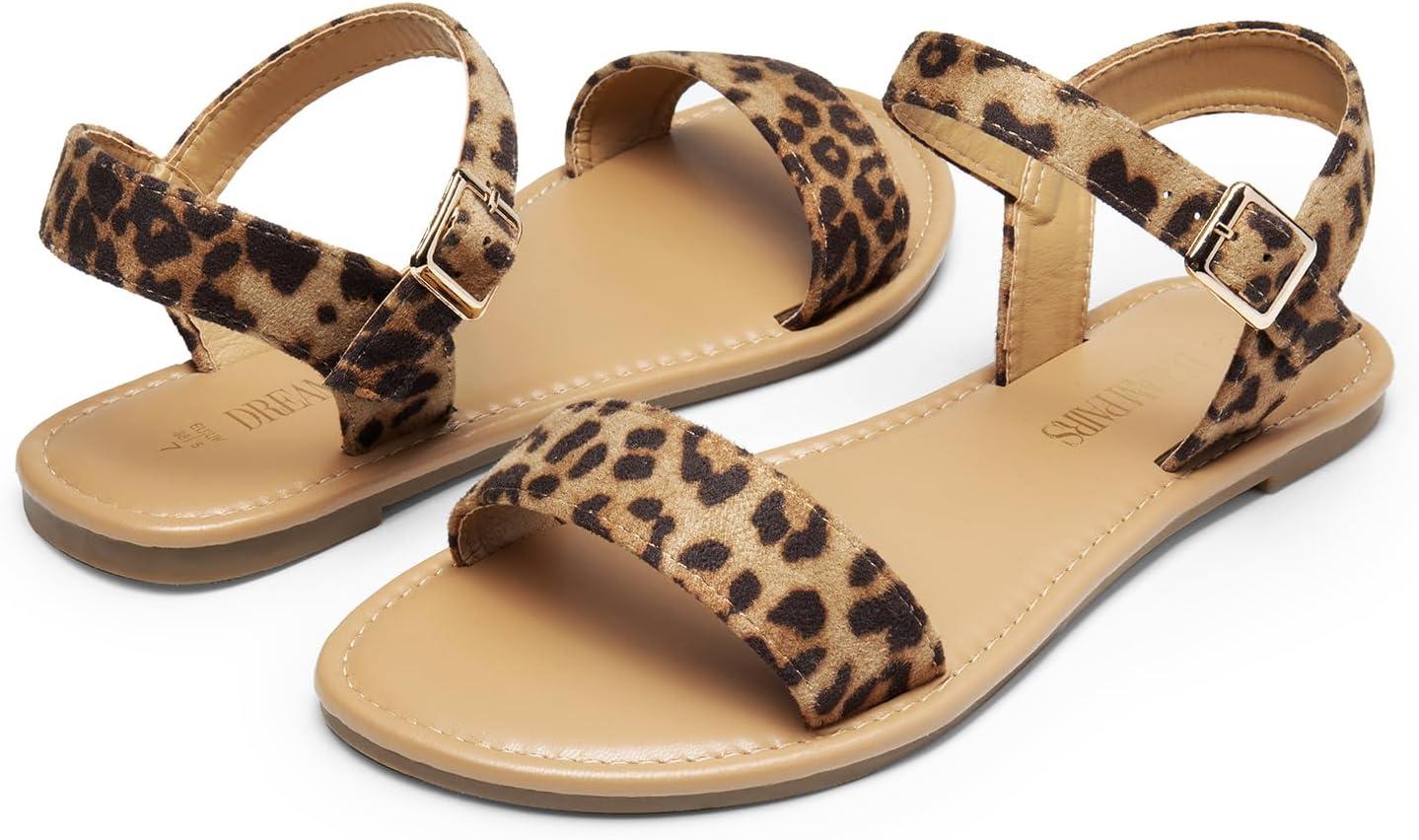 imageDREAM PAIRS Womens Ankle Strap Flat Sandals Open Toes One Band Buckle Summer Dressy SandalsLeopard