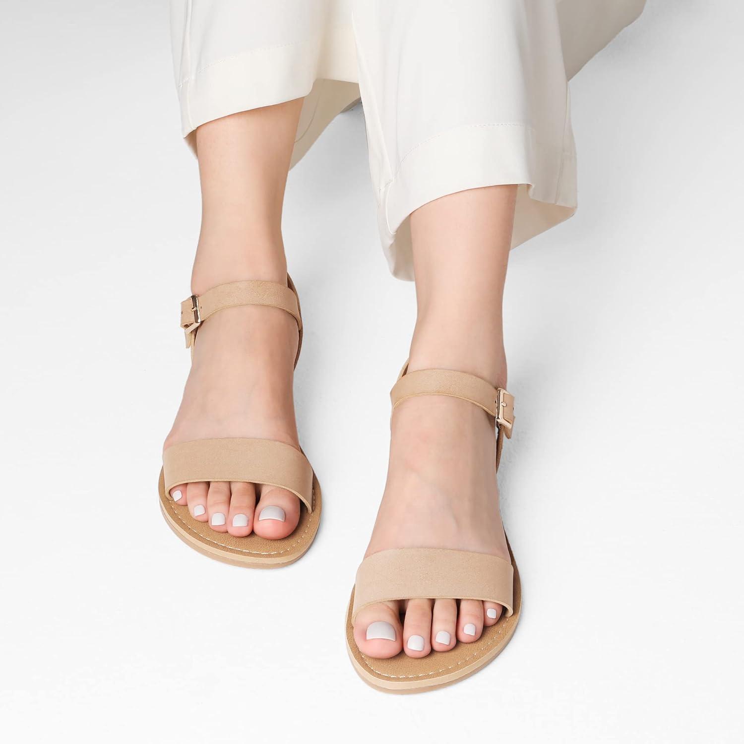 imageDREAM PAIRS Womens Ankle Strap Flat Sandals Open Toes One Band Buckle Summer Dressy SandalsNude