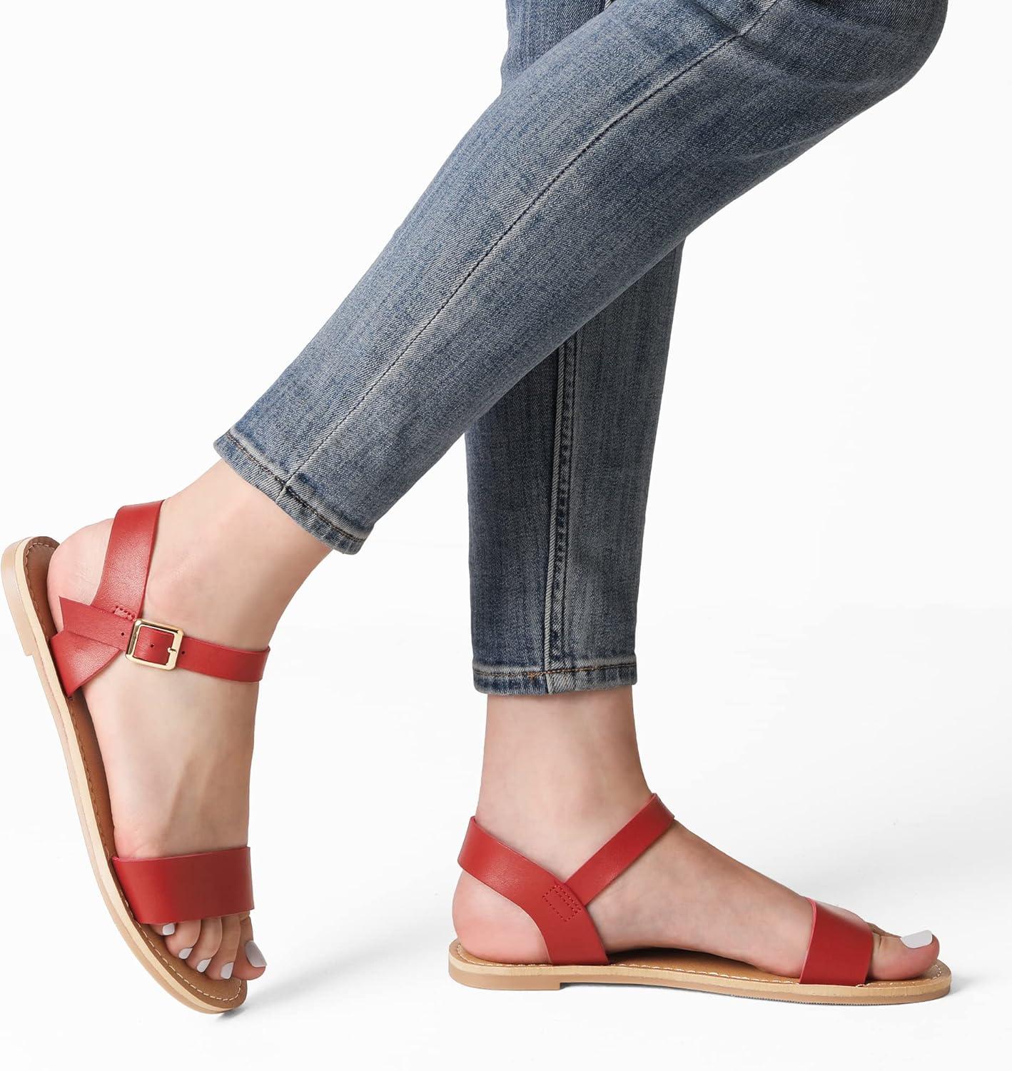 imageDREAM PAIRS Womens Ankle Strap Flat Sandals Open Toes One Band Buckle Summer Dressy SandalsRed