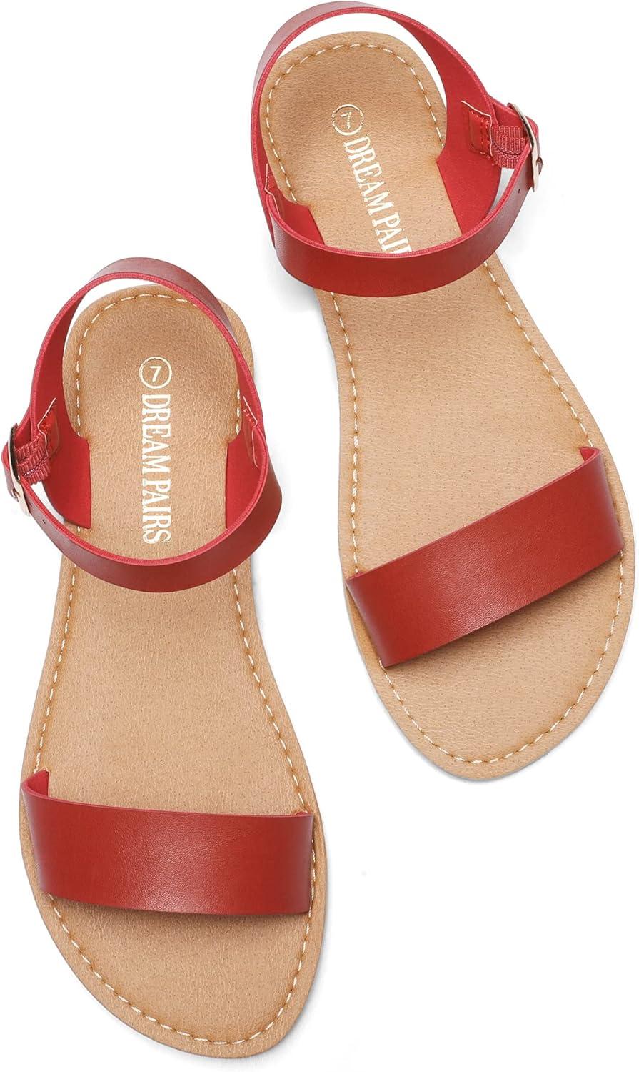 imageDREAM PAIRS Womens Ankle Strap Flat Sandals Open Toes One Band Buckle Summer Dressy SandalsRed