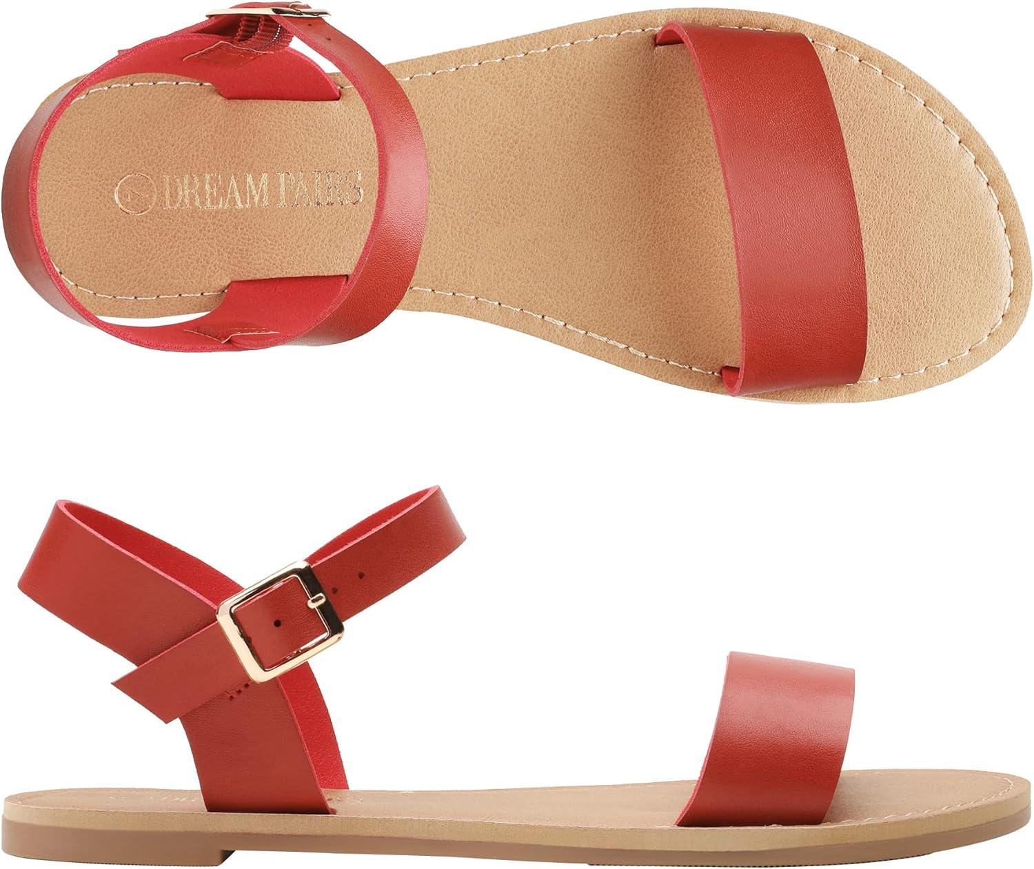 imageDREAM PAIRS Womens Ankle Strap Flat Sandals Open Toes One Band Buckle Summer Dressy SandalsRed