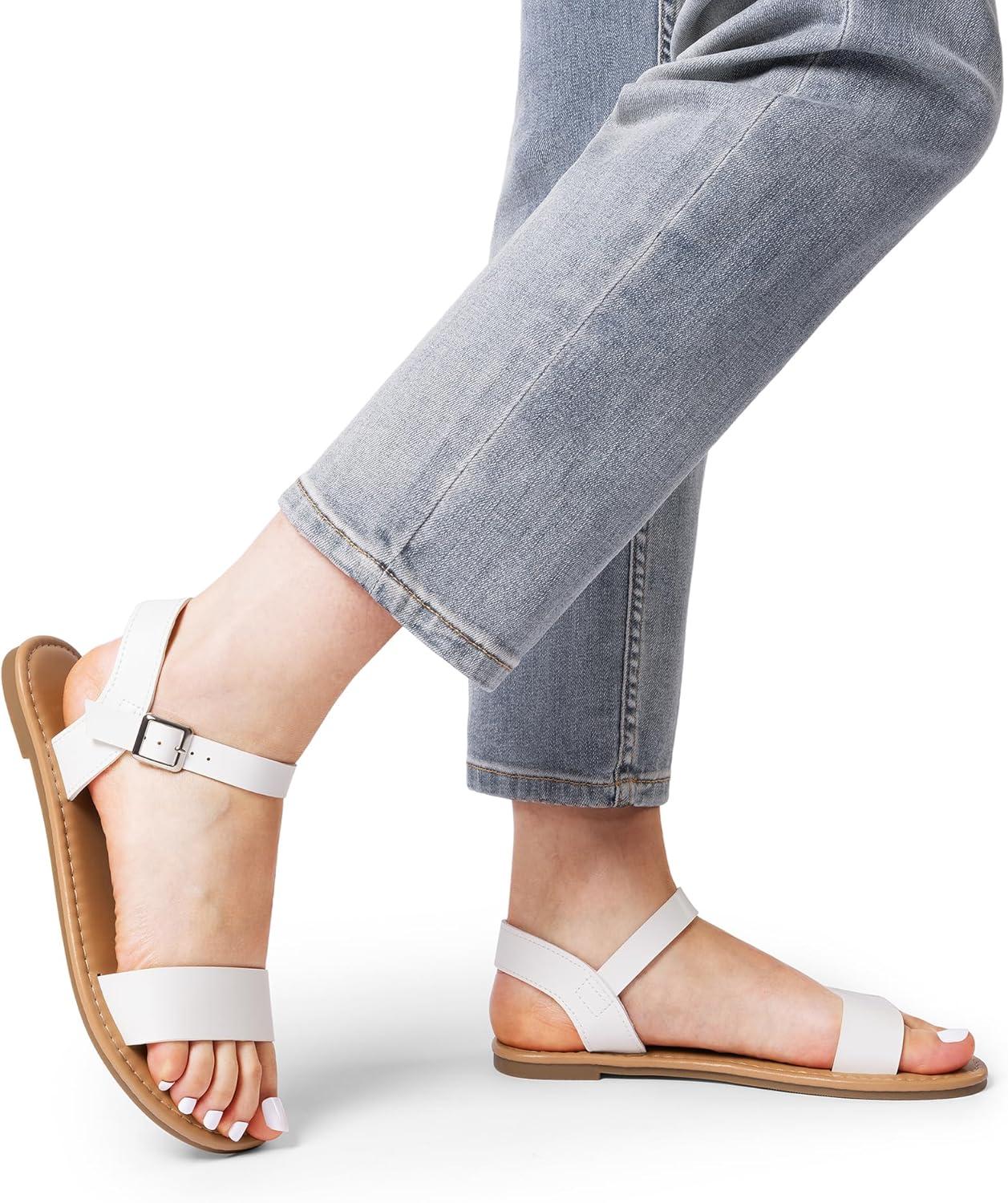 imageDREAM PAIRS Womens Ankle Strap Flat Sandals Open Toes One Band Buckle Summer Dressy SandalsWhitepu