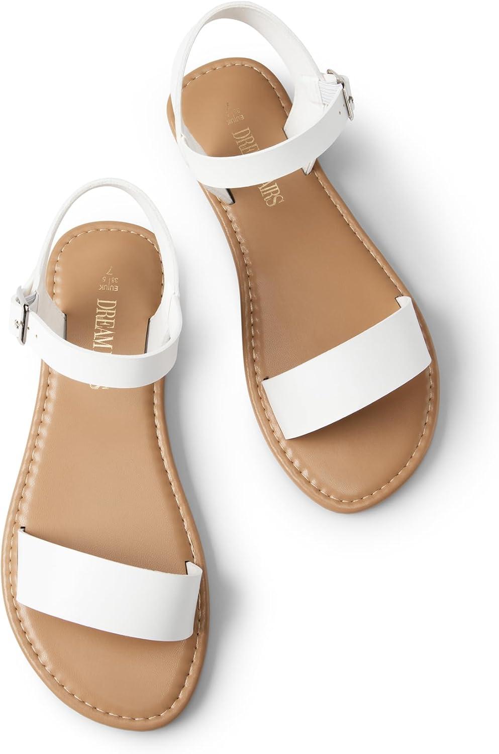 imageDREAM PAIRS Womens Ankle Strap Flat Sandals Open Toes One Band Buckle Summer Dressy SandalsWhitepu
