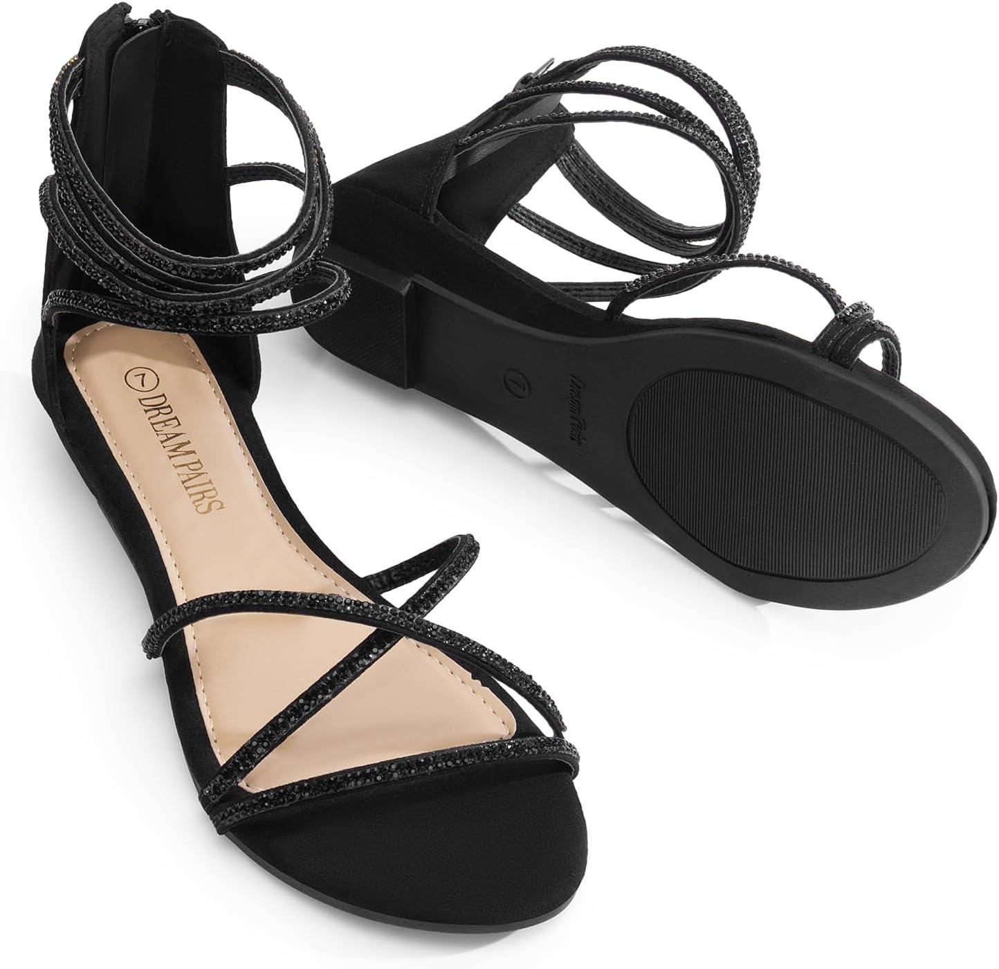 imageDREAM PAIRS Womens Ankle Strap Flat Sandals Summer Dressy Strappy Gladiator Rhinestones SandalsBlack