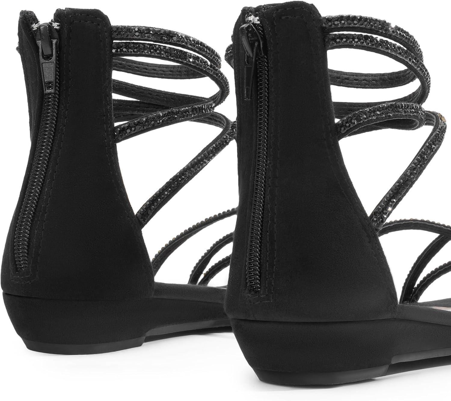 imageDREAM PAIRS Womens Ankle Strap Flat Sandals Summer Dressy Strappy Gladiator Rhinestones SandalsBlack