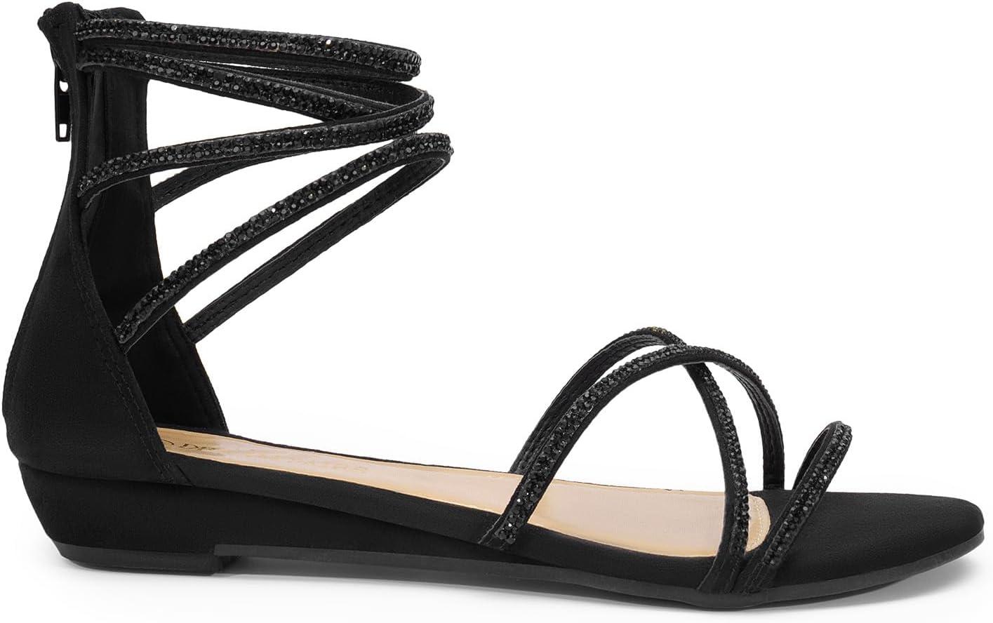 imageDREAM PAIRS Womens Ankle Strap Flat Sandals Summer Dressy Strappy Gladiator Rhinestones SandalsBlack