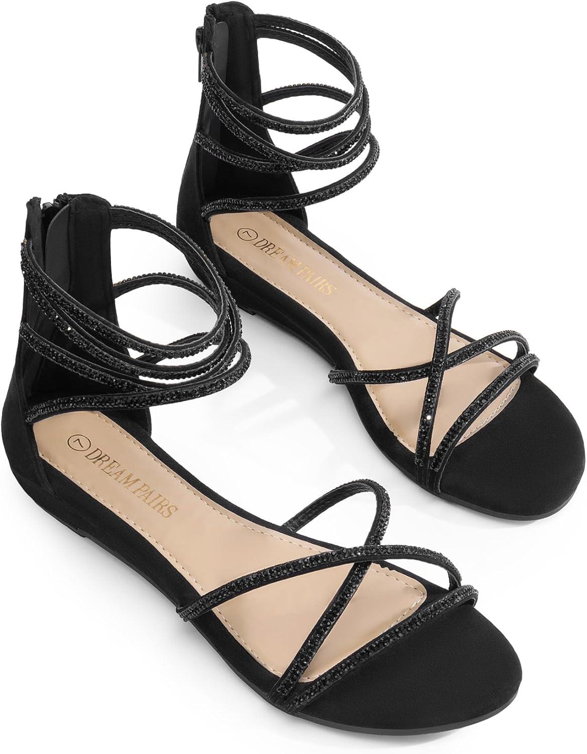 imageDREAM PAIRS Womens Ankle Strap Flat Sandals Summer Dressy Strappy Gladiator Rhinestones SandalsBlack