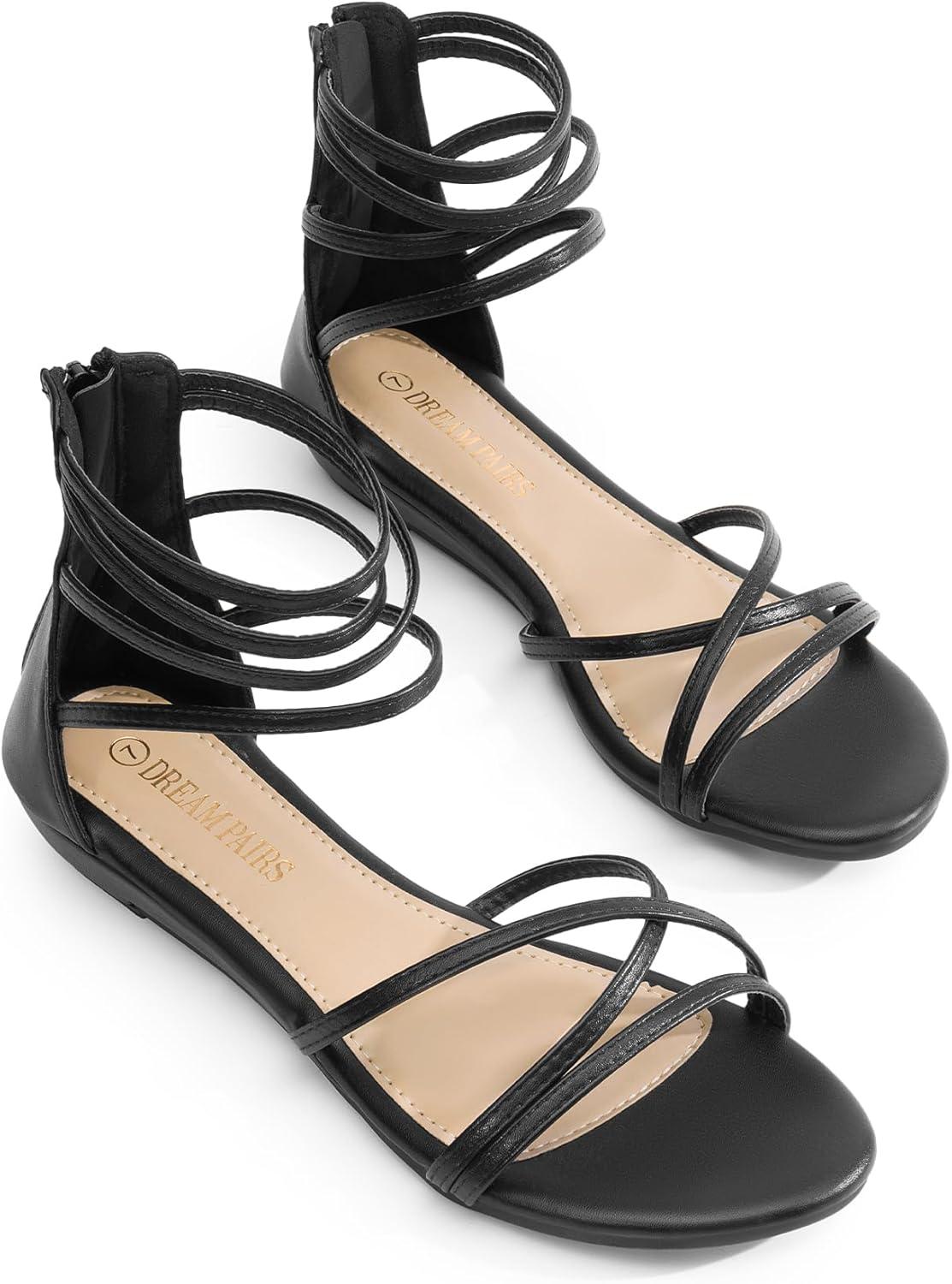 imageDREAM PAIRS Womens Ankle Strap Flat Sandals Summer Dressy Strappy Gladiator Rhinestones SandalsBlackPu