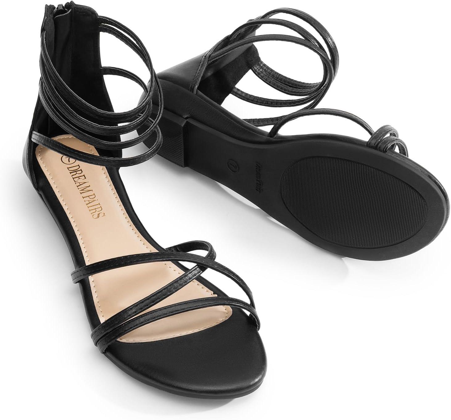 imageDREAM PAIRS Womens Ankle Strap Flat Sandals Summer Dressy Strappy Gladiator Rhinestones SandalsBlackPu