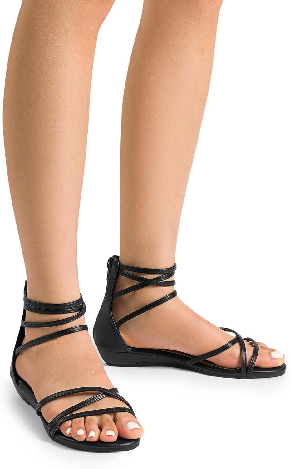 imageDREAM PAIRS Womens Ankle Strap Flat Sandals Summer Dressy Strappy Gladiator Rhinestones SandalsBlackPu