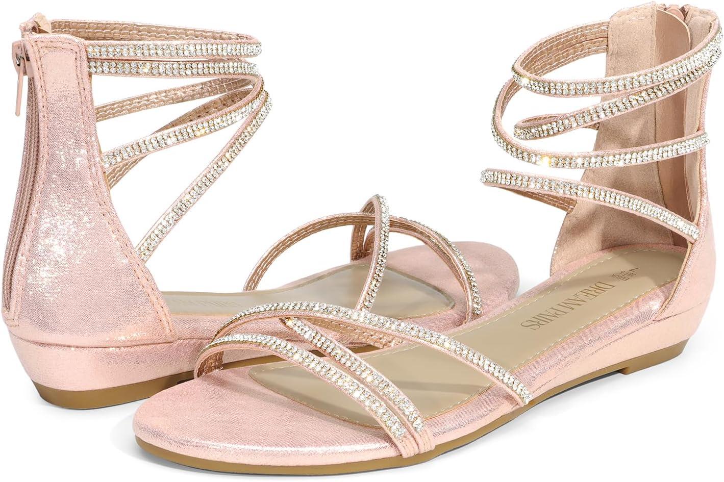 imageDREAM PAIRS Womens Ankle Strap Flat Sandals Summer Dressy Strappy Gladiator Rhinestones SandalsChampagne