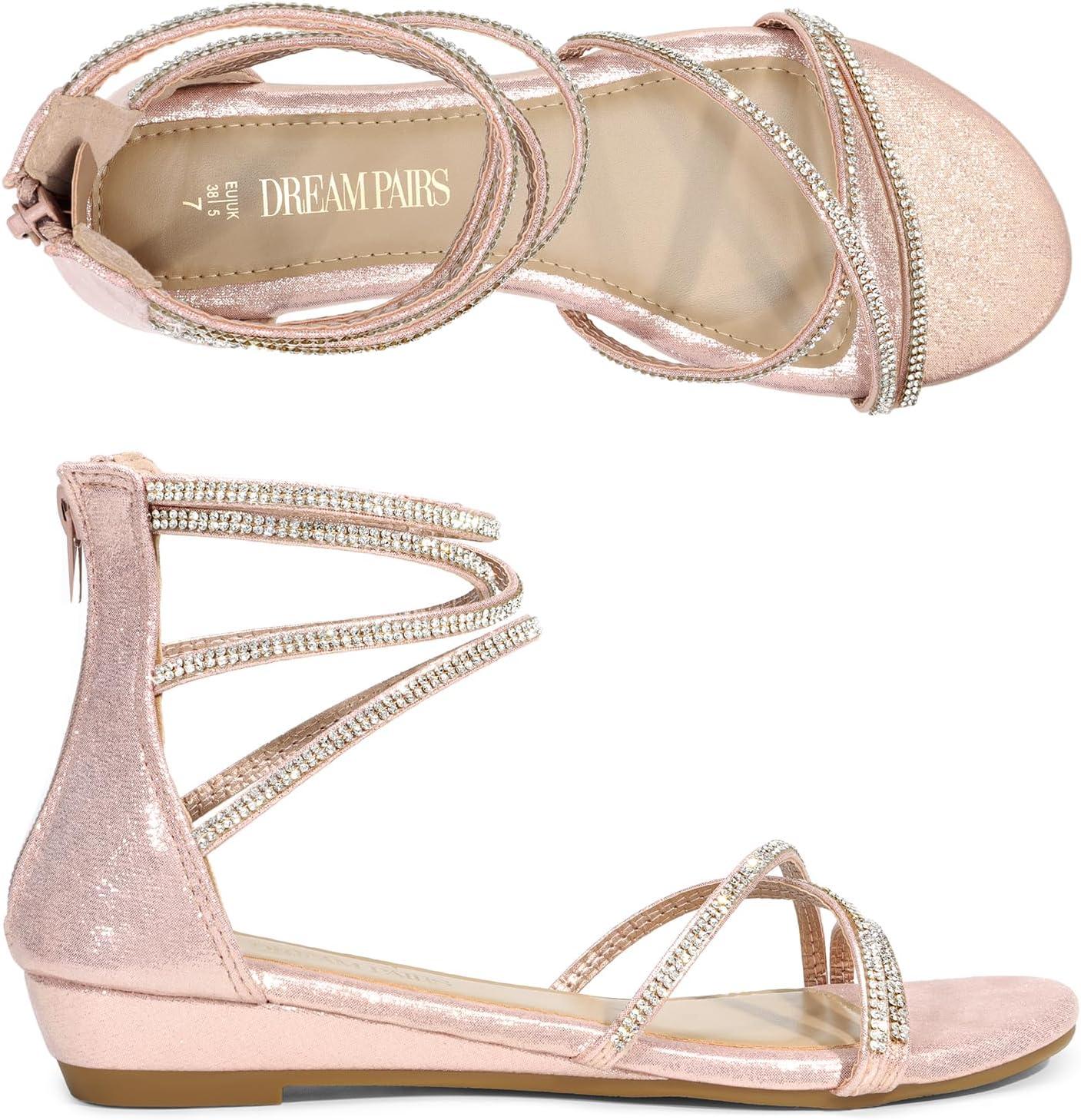 imageDREAM PAIRS Womens Ankle Strap Flat Sandals Summer Dressy Strappy Gladiator Rhinestones SandalsChampagne