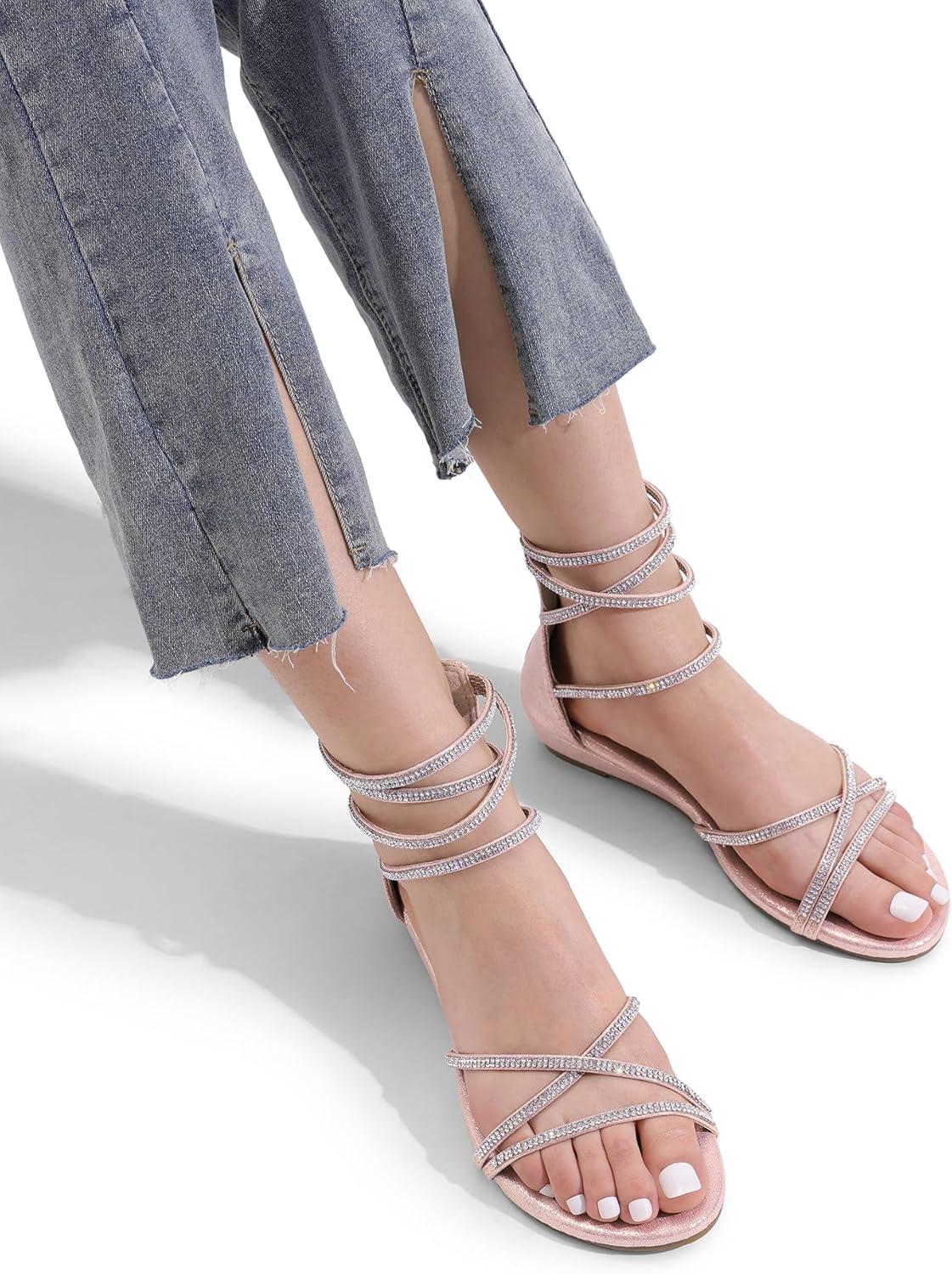 imageDREAM PAIRS Womens Ankle Strap Flat Sandals Summer Dressy Strappy Gladiator Rhinestones SandalsChampagne