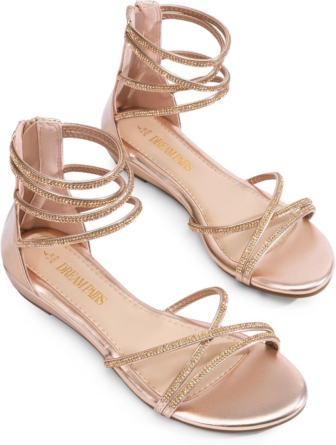 imageDREAM PAIRS Womens Ankle Strap Flat Sandals Summer Dressy Strappy Gladiator Rhinestones SandalsChampagneGoldpu