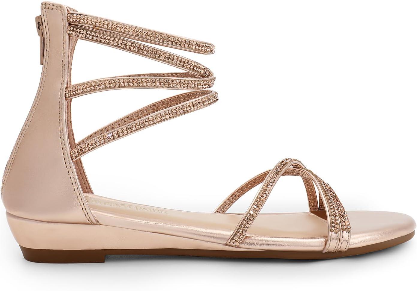 imageDREAM PAIRS Womens Ankle Strap Flat Sandals Summer Dressy Strappy Gladiator Rhinestones SandalsChampagneGoldpu