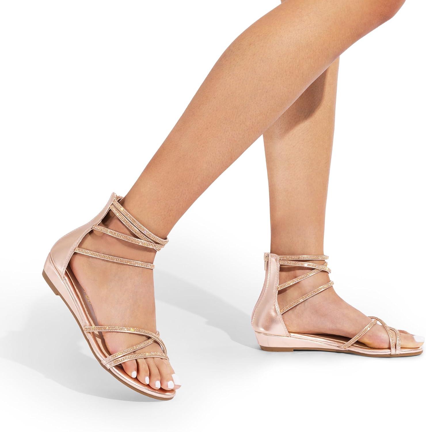 imageDREAM PAIRS Womens Ankle Strap Flat Sandals Summer Dressy Strappy Gladiator Rhinestones SandalsChampagneGoldpu