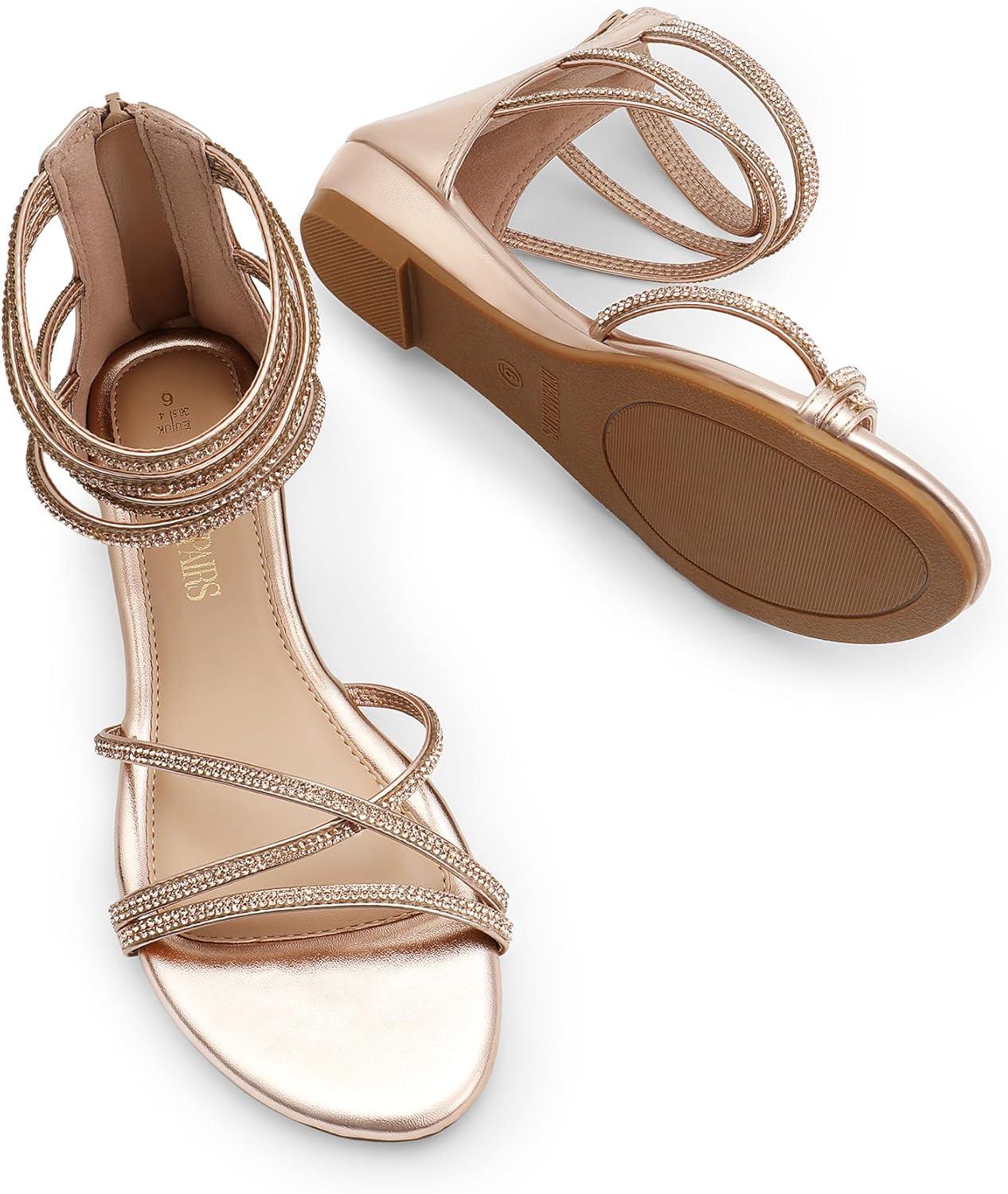imageDREAM PAIRS Womens Ankle Strap Flat Sandals Summer Dressy Strappy Gladiator Rhinestones SandalsChampagneGoldpu