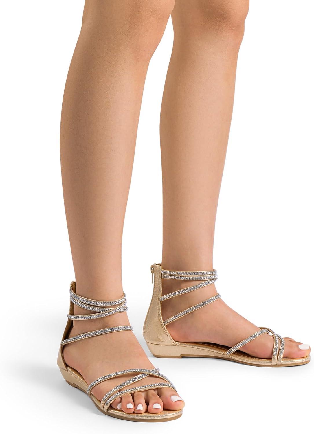 imageDREAM PAIRS Womens Ankle Strap Flat Sandals Summer Dressy Strappy Gladiator Rhinestones SandalsGold