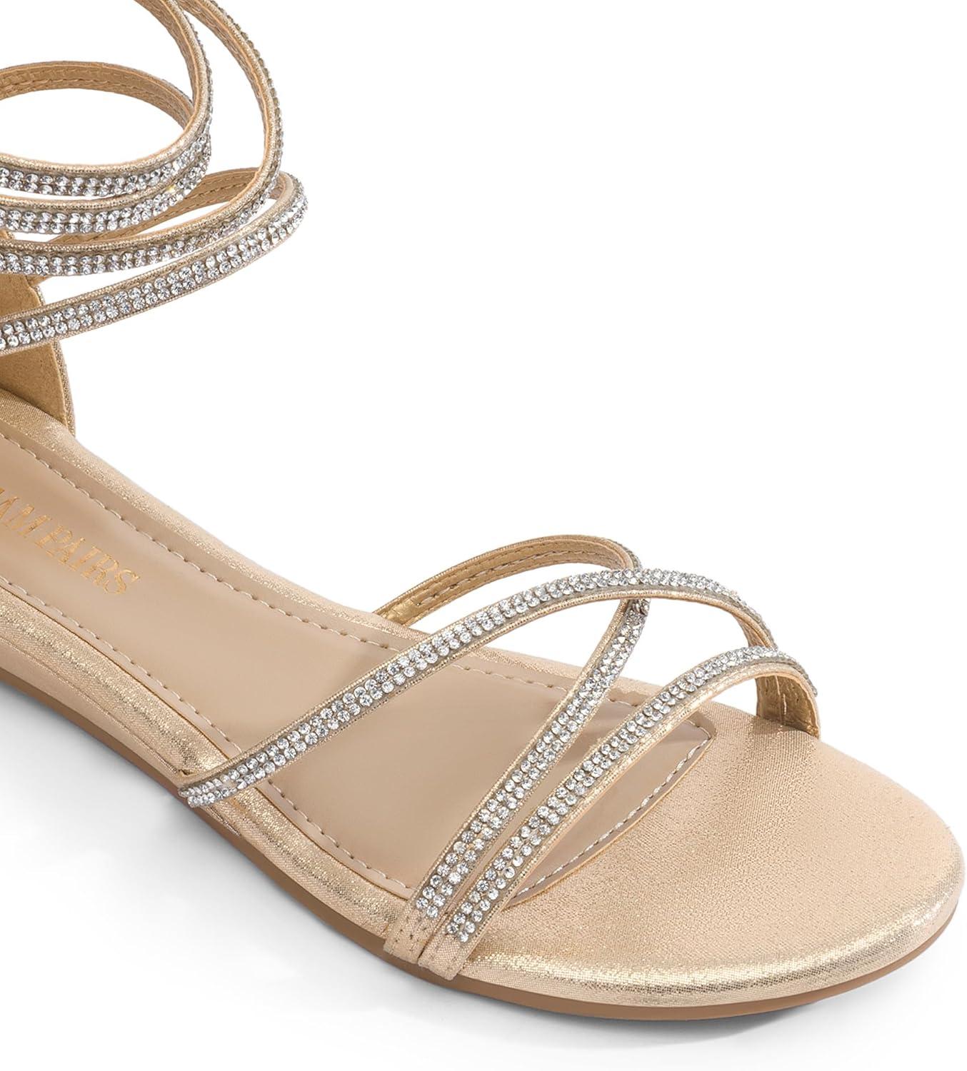 imageDREAM PAIRS Womens Ankle Strap Flat Sandals Summer Dressy Strappy Gladiator Rhinestones SandalsGold