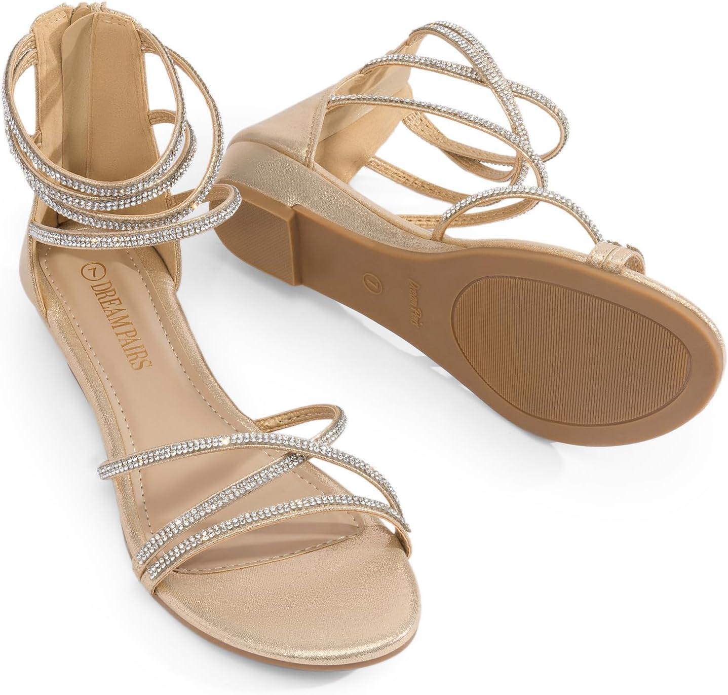 imageDREAM PAIRS Womens Ankle Strap Flat Sandals Summer Dressy Strappy Gladiator Rhinestones SandalsGold