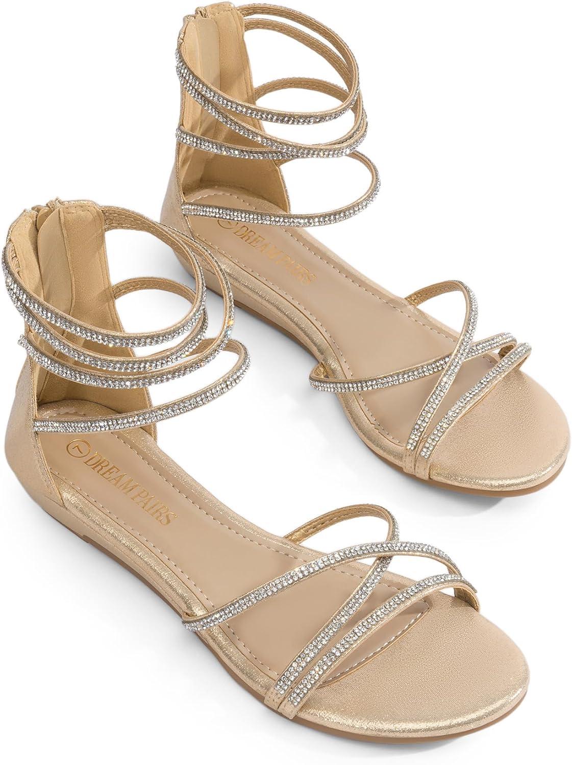 imageDREAM PAIRS Womens Ankle Strap Flat Sandals Summer Dressy Strappy Gladiator Rhinestones SandalsGold