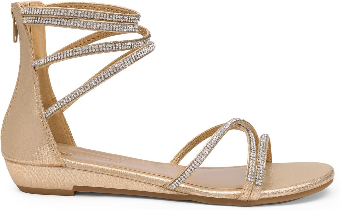 imageDREAM PAIRS Womens Ankle Strap Flat Sandals Summer Dressy Strappy Gladiator Rhinestones SandalsGold