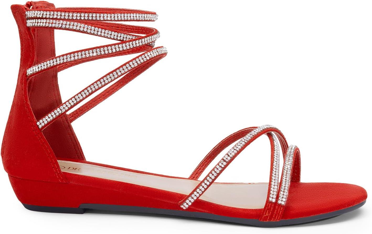 imageDREAM PAIRS Womens Ankle Strap Flat Sandals Summer Dressy Strappy Gladiator Rhinestones SandalsRed