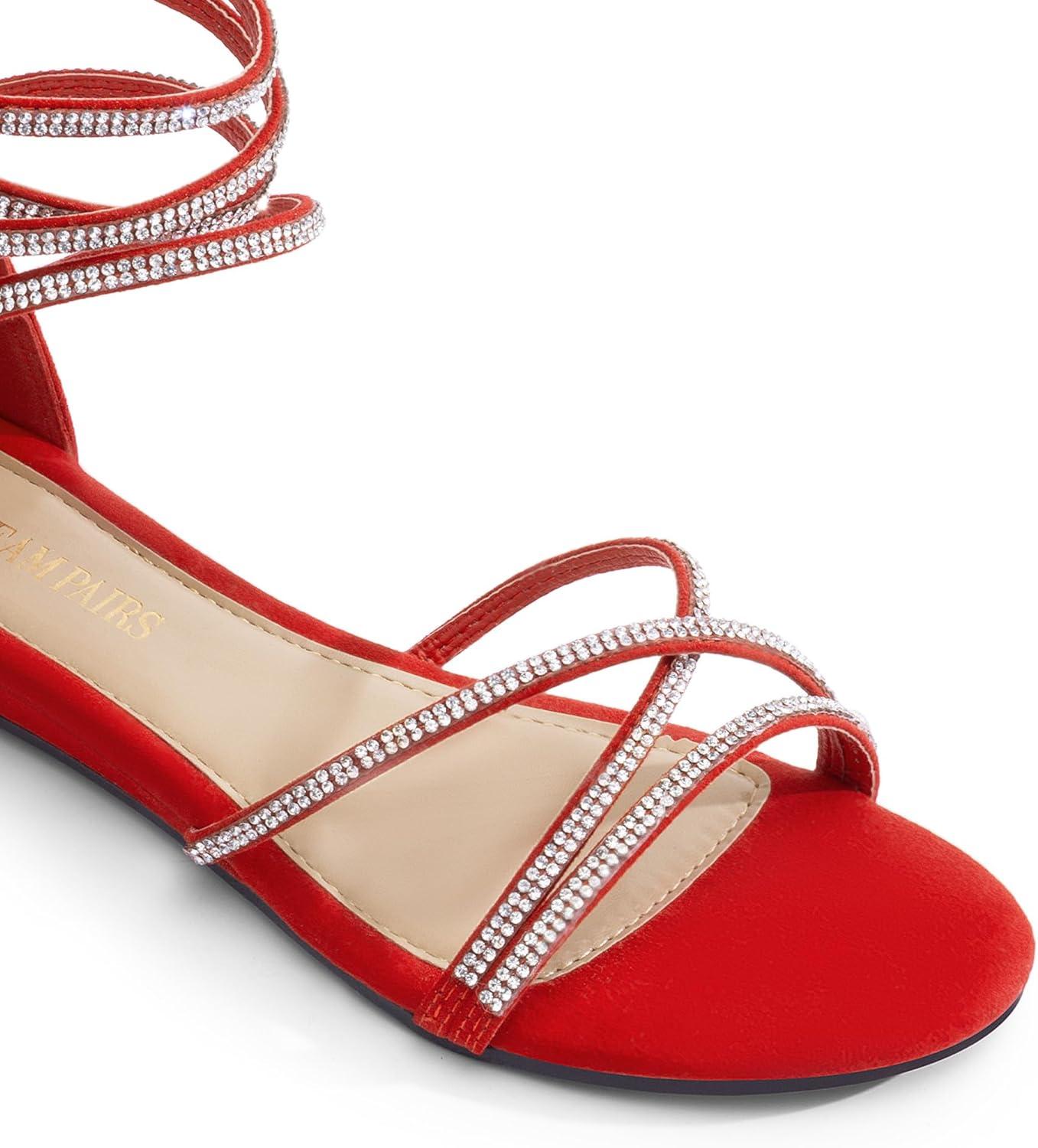 imageDREAM PAIRS Womens Ankle Strap Flat Sandals Summer Dressy Strappy Gladiator Rhinestones SandalsRed