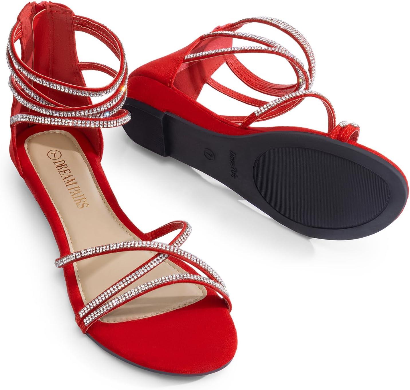 imageDREAM PAIRS Womens Ankle Strap Flat Sandals Summer Dressy Strappy Gladiator Rhinestones SandalsRed