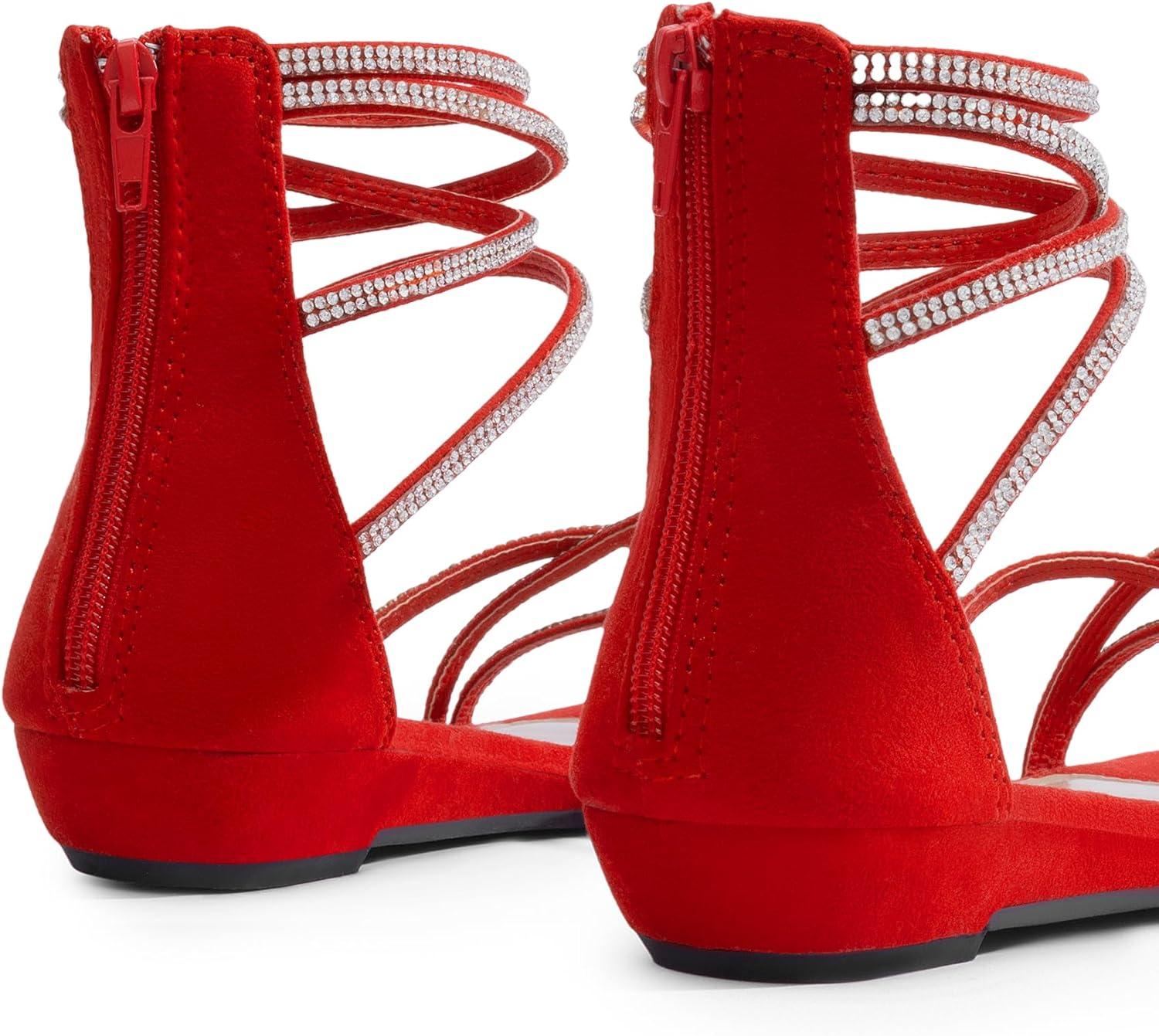 imageDREAM PAIRS Womens Ankle Strap Flat Sandals Summer Dressy Strappy Gladiator Rhinestones SandalsRed