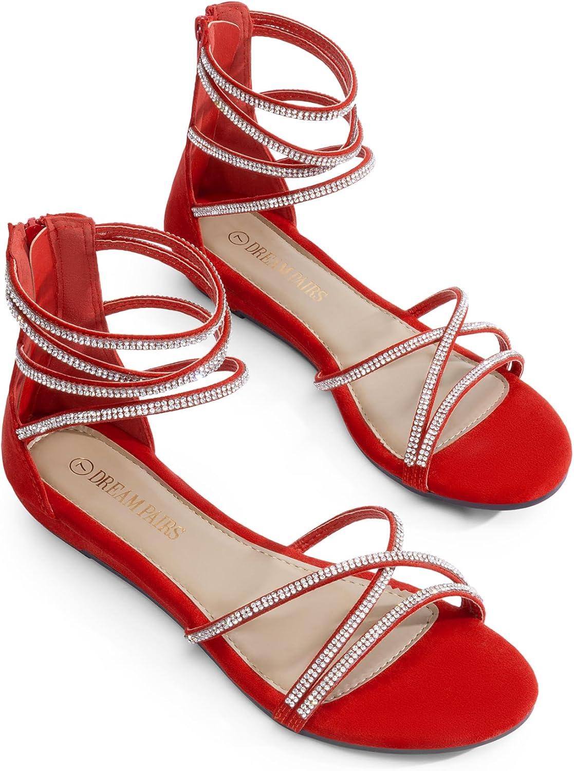 imageDREAM PAIRS Womens Ankle Strap Flat Sandals Summer Dressy Strappy Gladiator Rhinestones SandalsRed
