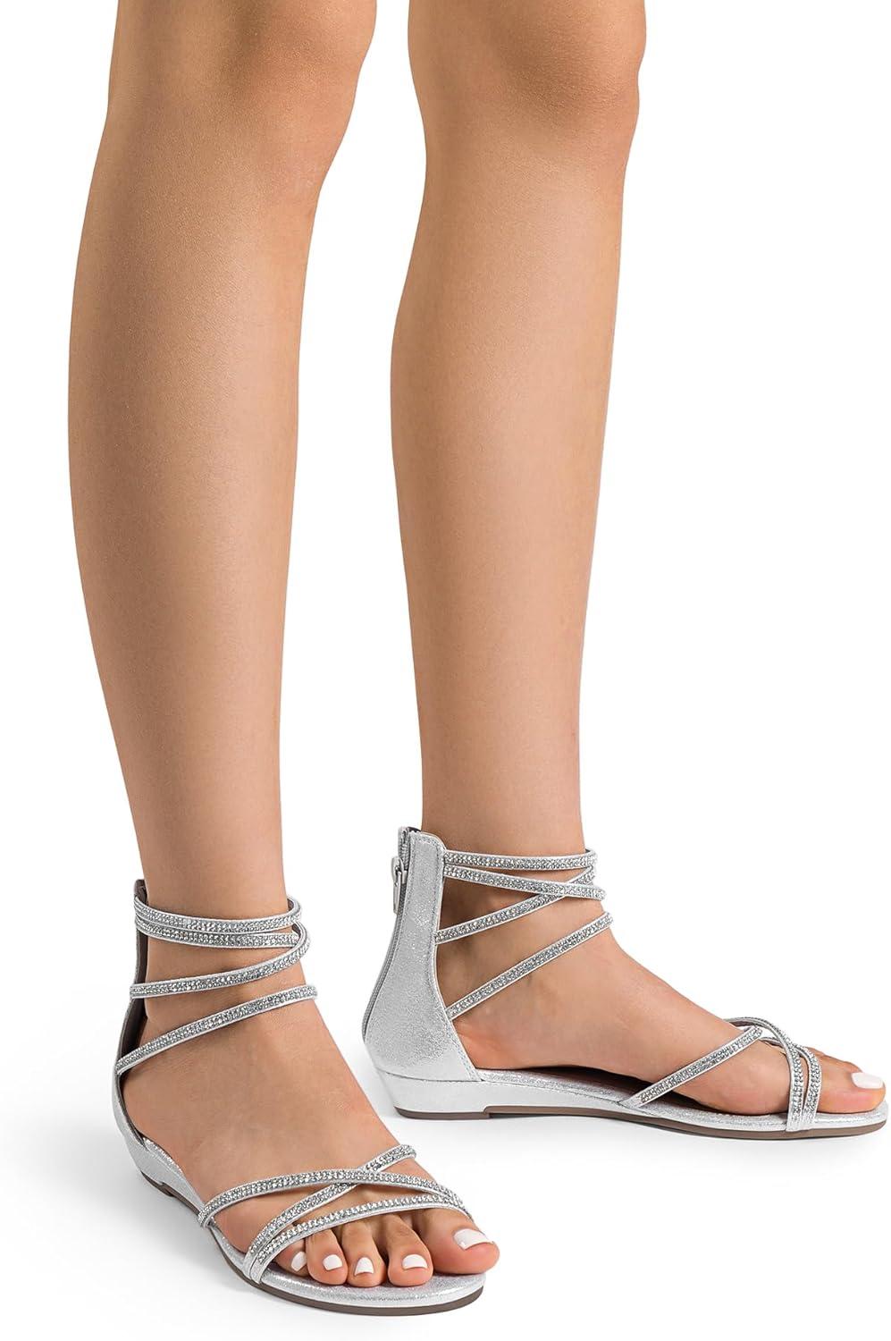imageDREAM PAIRS Womens Ankle Strap Flat Sandals Summer Dressy Strappy Gladiator Rhinestones SandalsSilver