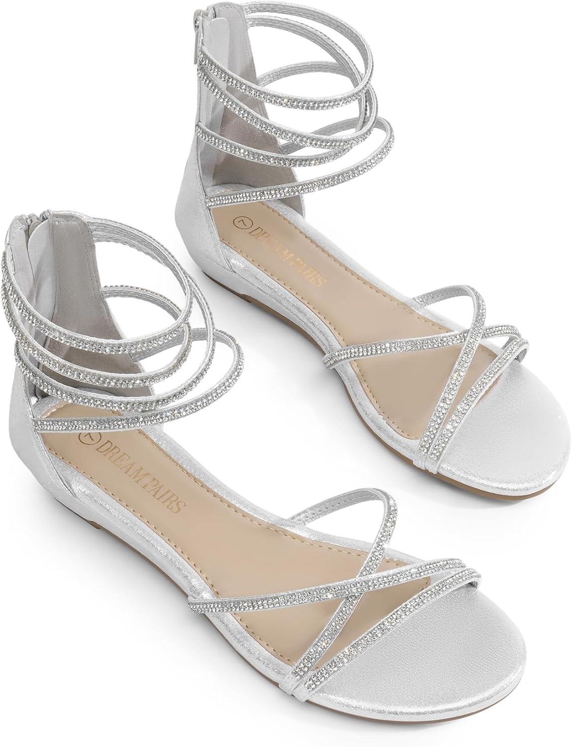 imageDREAM PAIRS Womens Ankle Strap Flat Sandals Summer Dressy Strappy Gladiator Rhinestones SandalsSilver