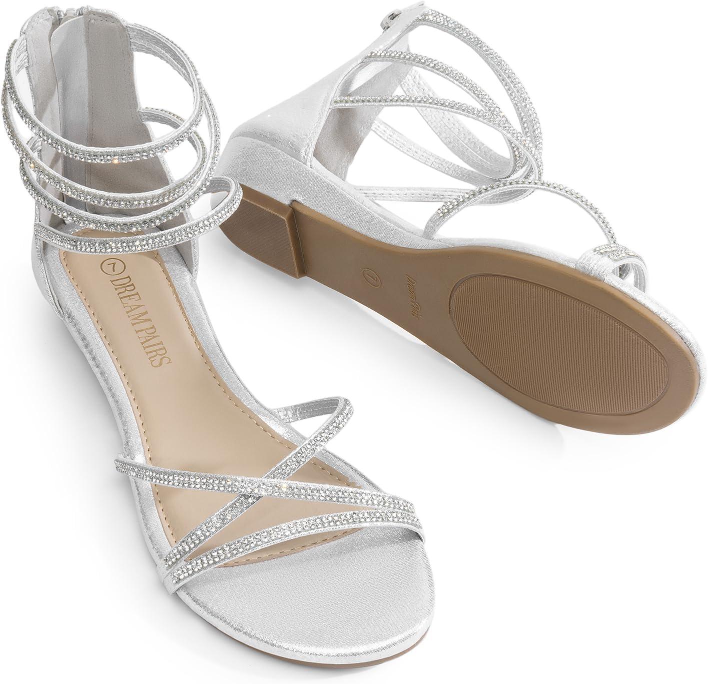 imageDREAM PAIRS Womens Ankle Strap Flat Sandals Summer Dressy Strappy Gladiator Rhinestones SandalsSilver