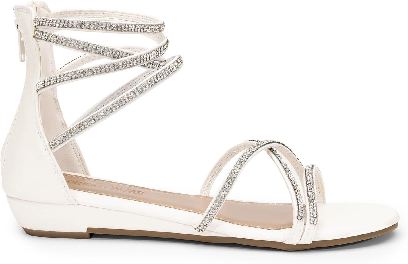 imageDREAM PAIRS Womens Ankle Strap Flat Sandals Summer Dressy Strappy Gladiator Rhinestones SandalsWhite