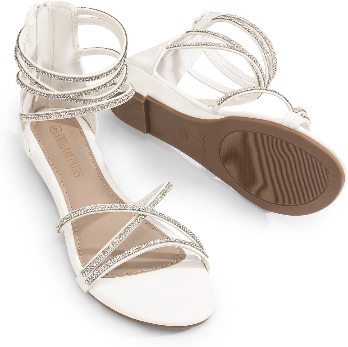 imageDREAM PAIRS Womens Ankle Strap Flat Sandals Summer Dressy Strappy Gladiator Rhinestones SandalsWhite