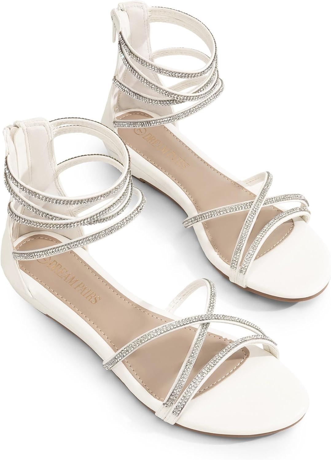 imageDREAM PAIRS Womens Ankle Strap Flat Sandals Summer Dressy Strappy Gladiator Rhinestones SandalsWhite