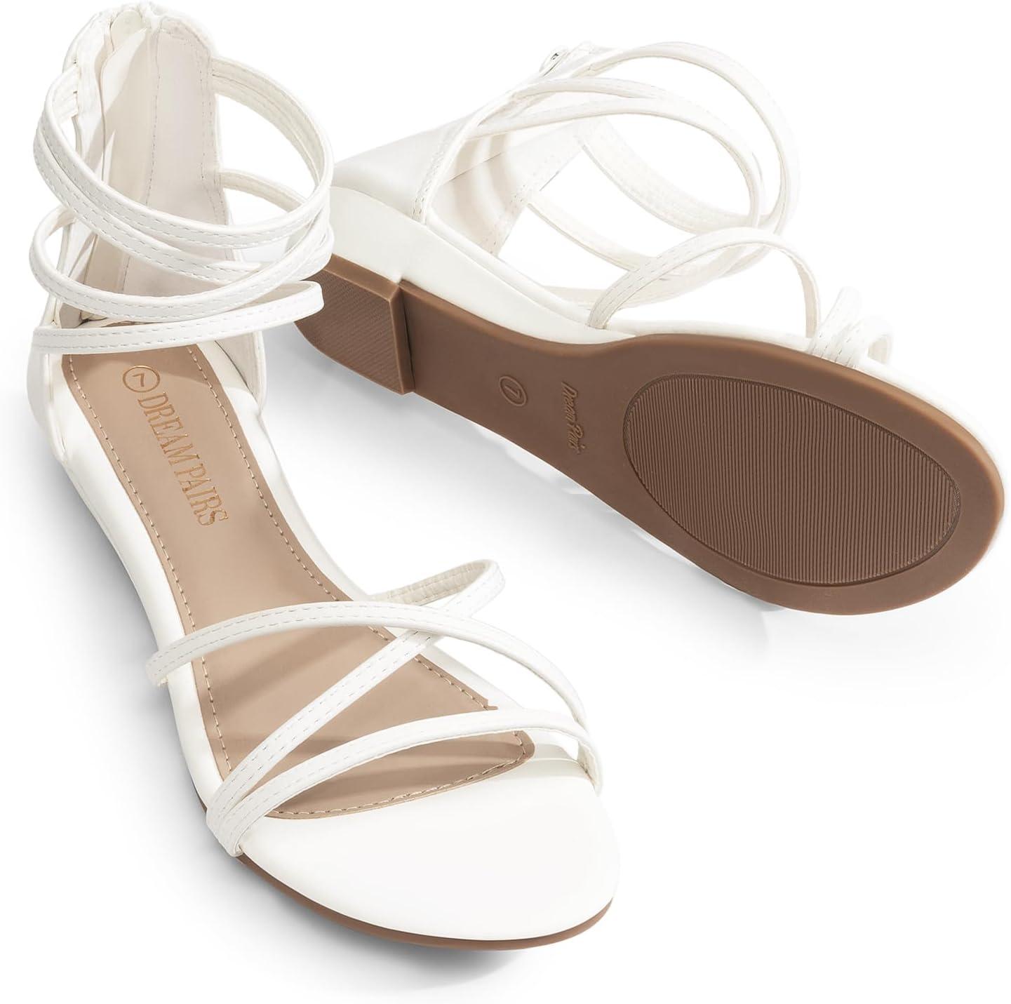 imageDREAM PAIRS Womens Ankle Strap Flat Sandals Summer Dressy Strappy Gladiator Rhinestones SandalsWhitePu